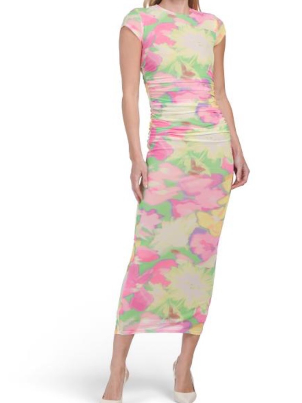 AFRM Pastel Floral Ruched Cap-Sleeve Maxi Dress